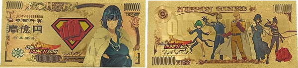 Faux billet de Yens doré à l'effigie du Manga One Punch Man : Le pouvoir concentré dans un billet fictif